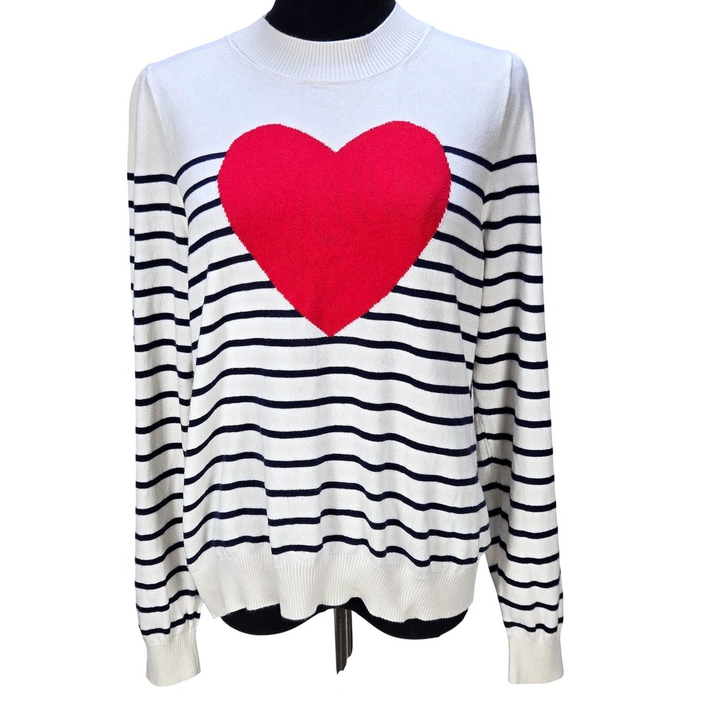 Women's J.Crew L Navy White Stripe Heart Cotton Sweater French Girl Coastal